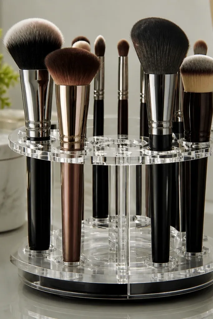 Brush cup on vanity with a small rotating base and rings separating brush handles