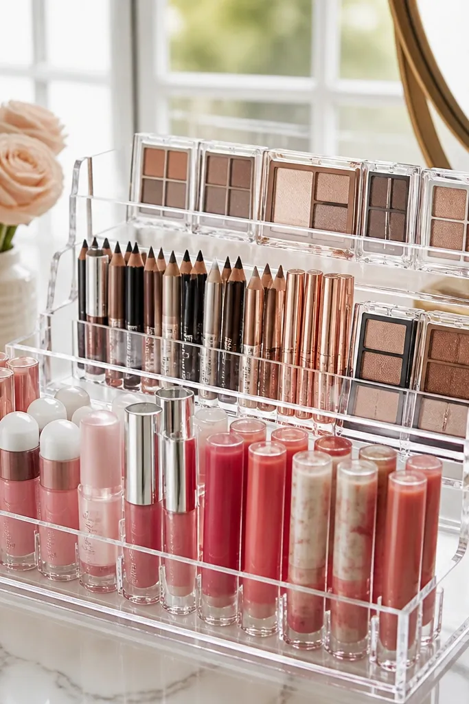 Stacked clear acrylic risers holding lipsticks and small eye products in visible rows