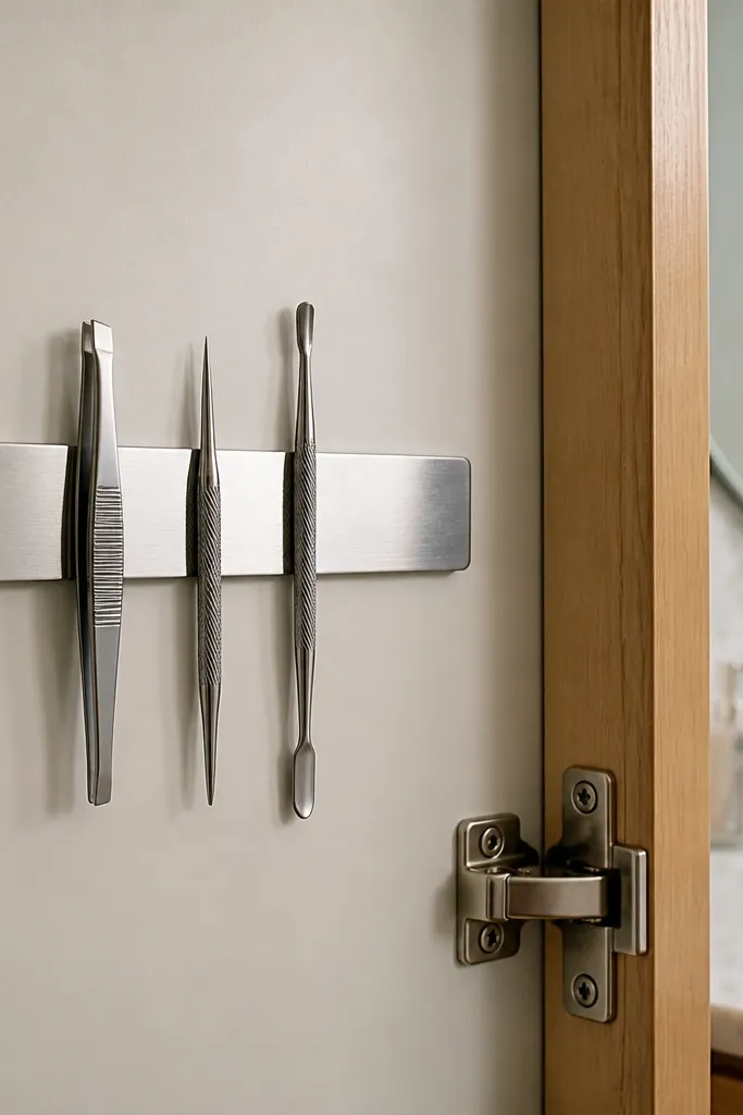 Magnetic strip on vanity wall holding tweezers, scissors, and small tools neatly