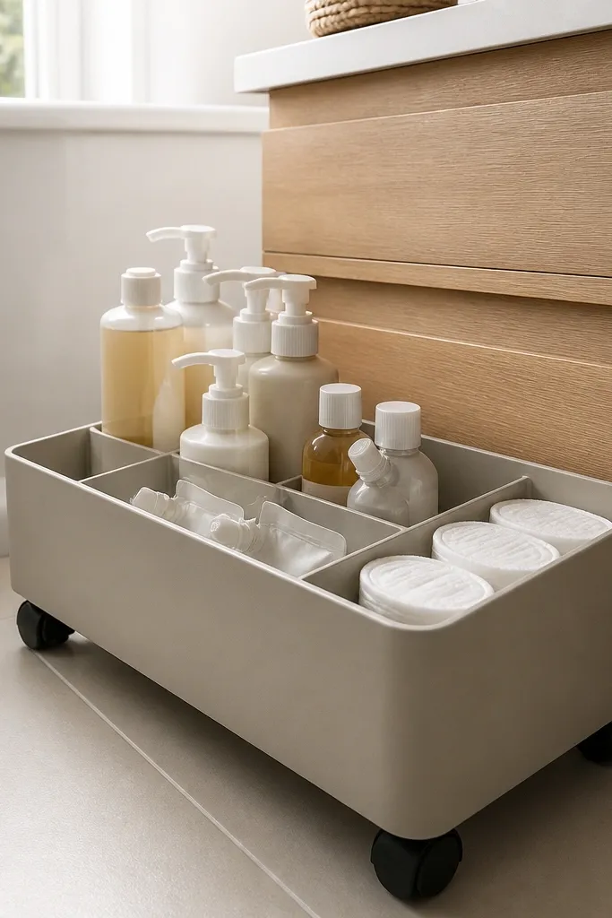 Small rolling tray on vanity with labeled bins for weekly restock items