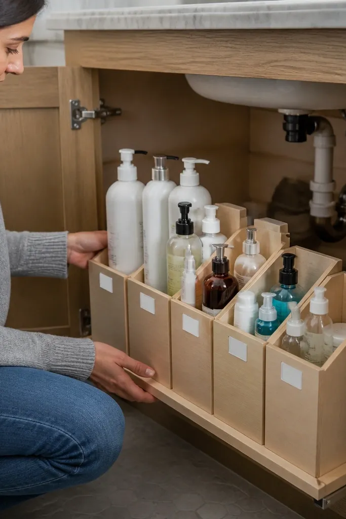 Pull-out under-sink organizer with bins labeled by product type