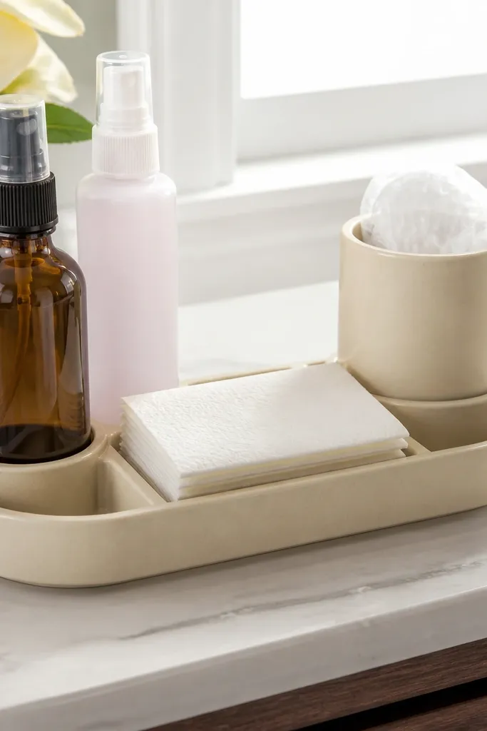 Shallow caddy on vanity for wipes, spray bottles, and a small trash cup