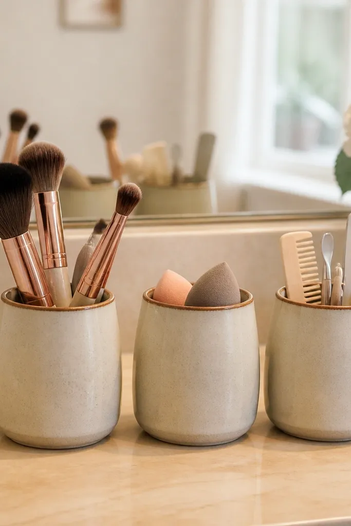 Three ceramic cups on vanity holding brushes, a sponge, and small tools in separate spots