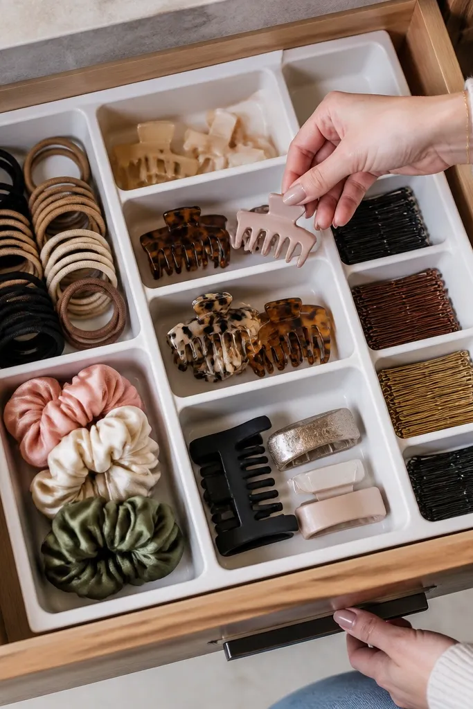 Drawer with a small organizer box holding elastics, clips, and hair ties in sections