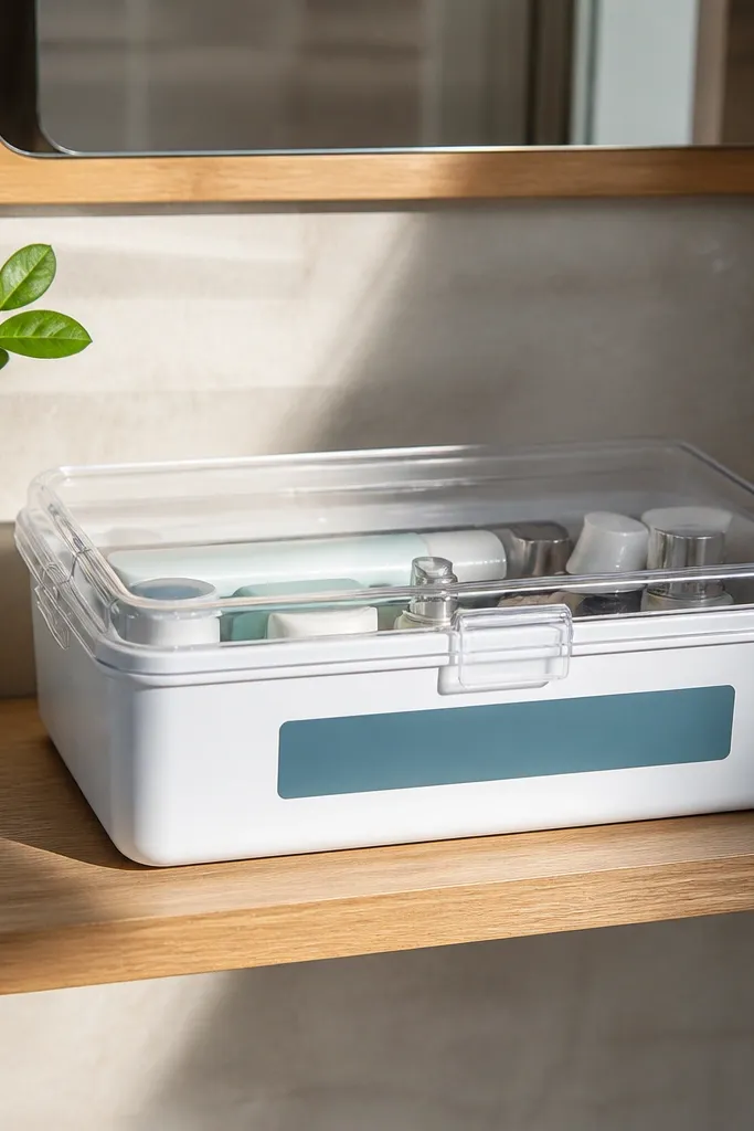 Clear-lid bin holding backups with a label for the next product to use