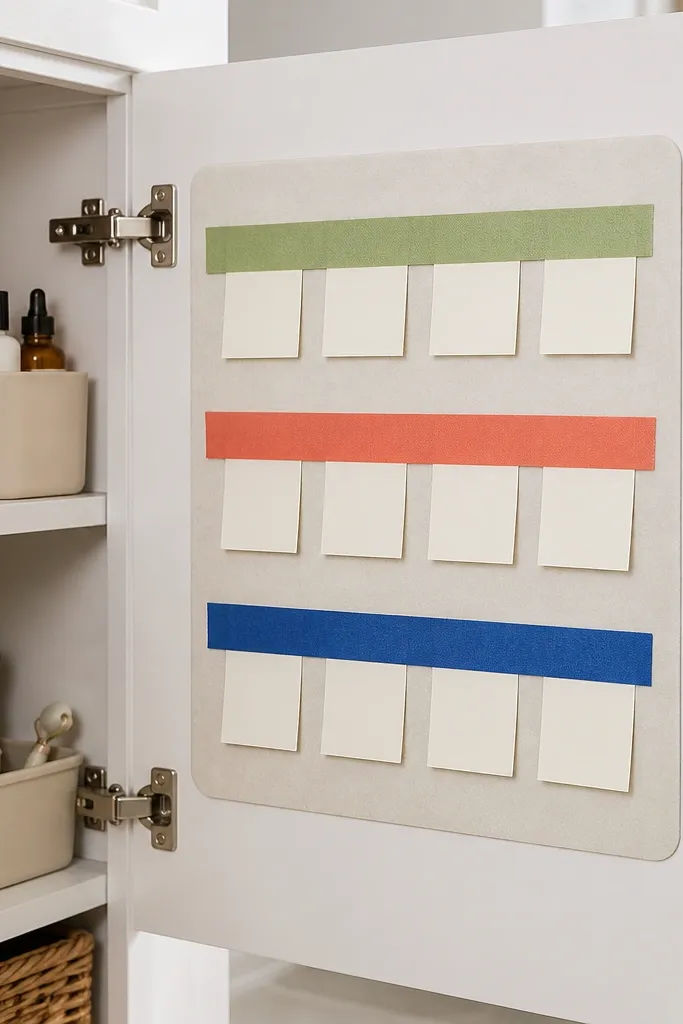 Small label board with color-coded tape strips listing vanity categories