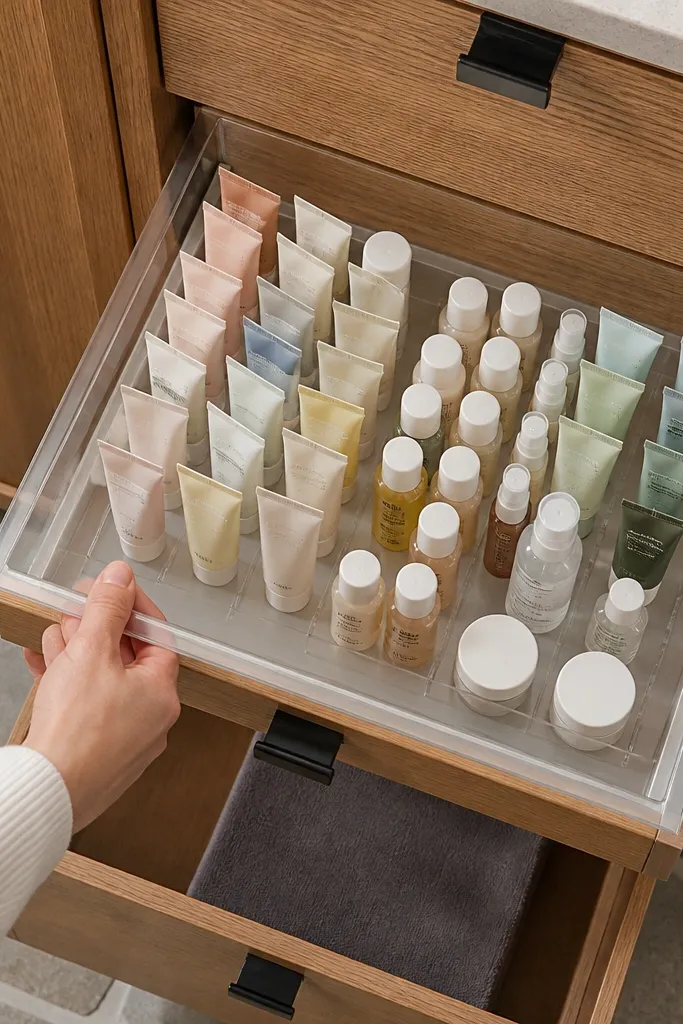 Vanity drawer with a sliding tray pulling out small tubes and mini products