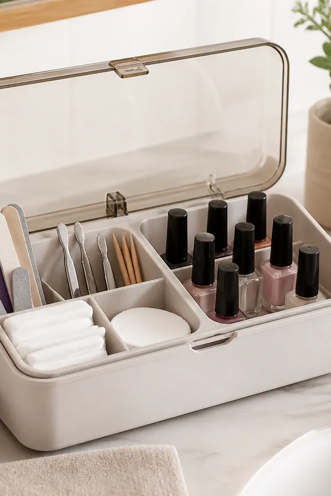 Lidded caddy on vanity with nail tools in one section and polish bottles in another