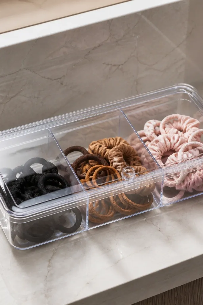 Clear-lid organizer with sections holding scrunchies and hair ties by color