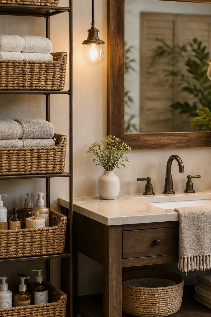Small shelf next to vanity with baskets for towels and product bottles stacked neatly
