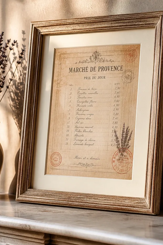 A vintage French price list page with handwritten-style numbers and stamps