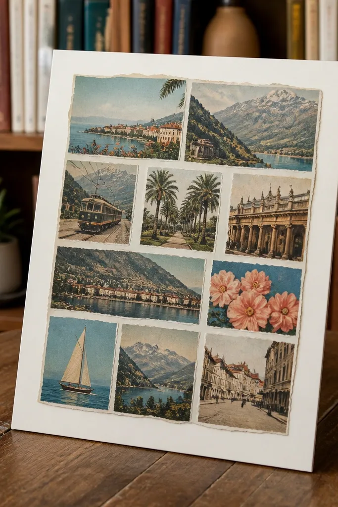 A strip of vintage postcard images with torn edges