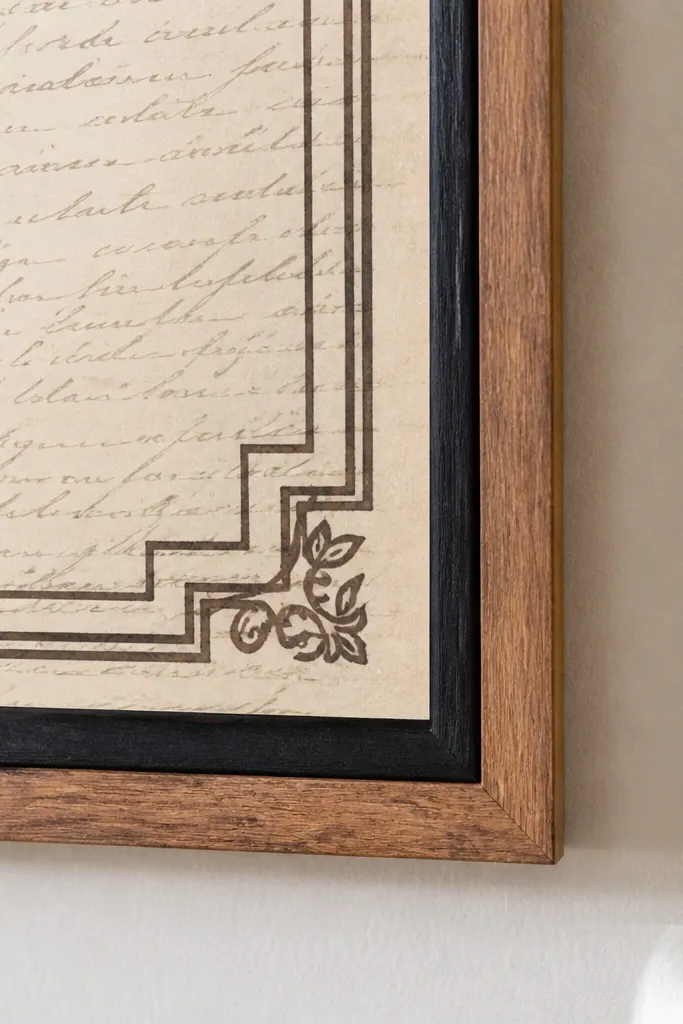 French script text with decorative corner labels and flourishes