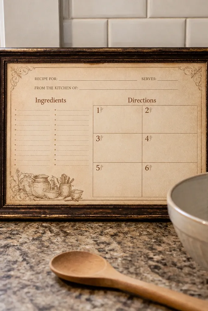 An antique recipe card with ingredient and instruction blocks