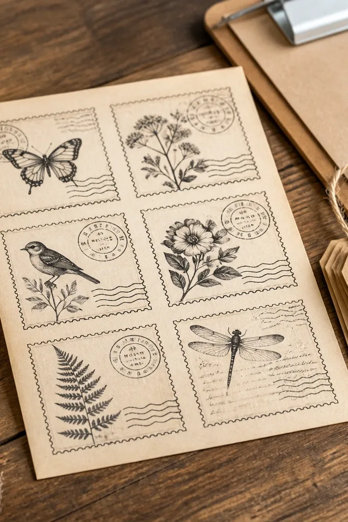 A sheet of vintage postage stamps with cancellation marks