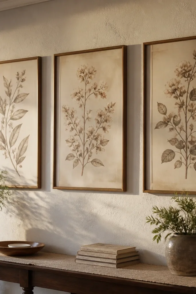 Three sepia botanical prints designed to be hung side by side