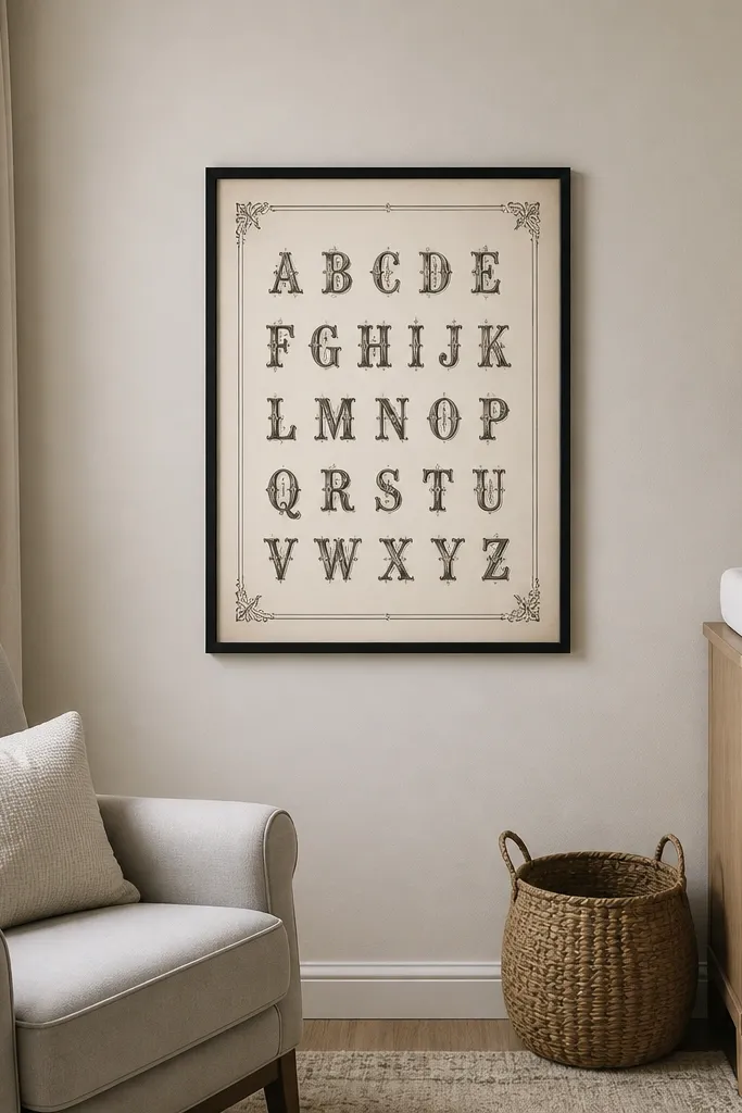 An antique alphabet poster with vintage typefaces and decorative borders
