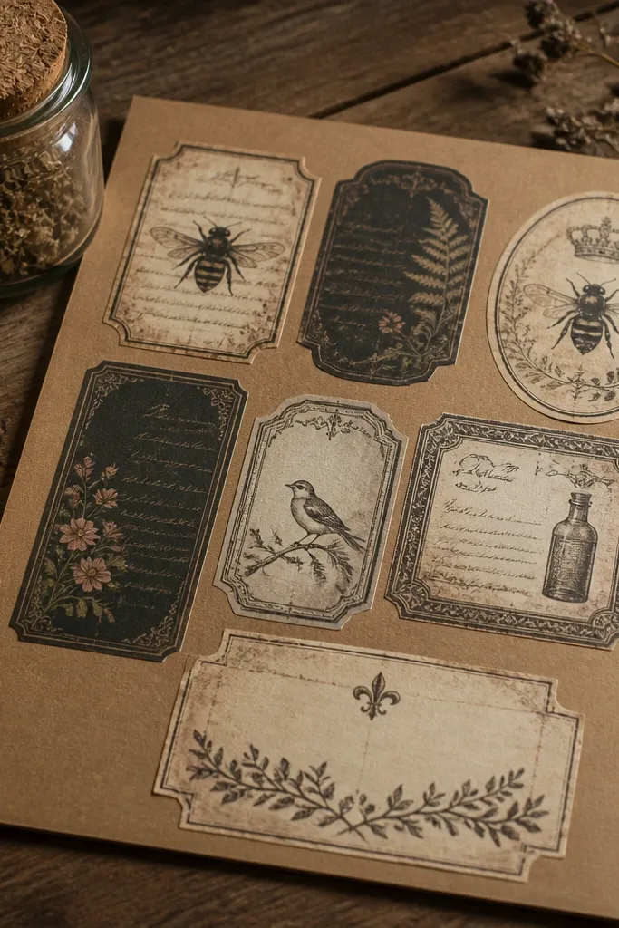 French vintage labels mounted on kraft paper with a neat grid