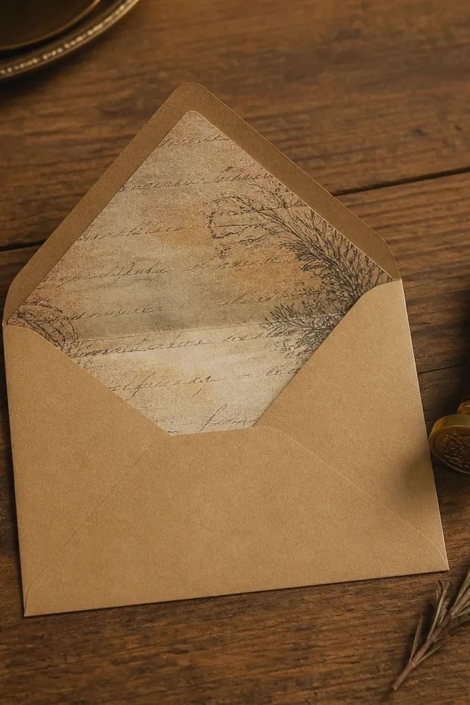 An aged paper envelope liner design with vintage text blocks
