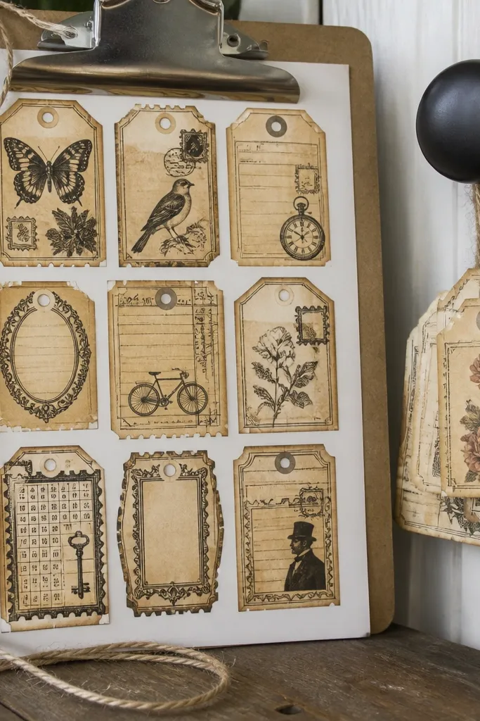 A sheet of vintage tags combining ticket stubs and postage stamps