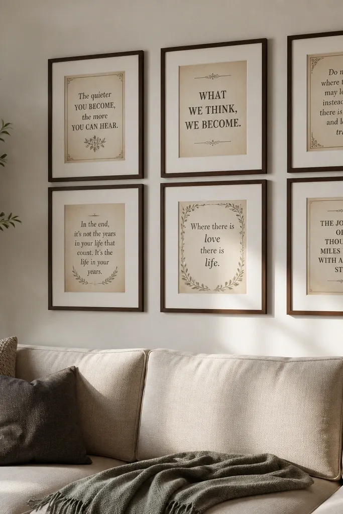 A4 cards with vintage quote typography and decorative corner flourishes