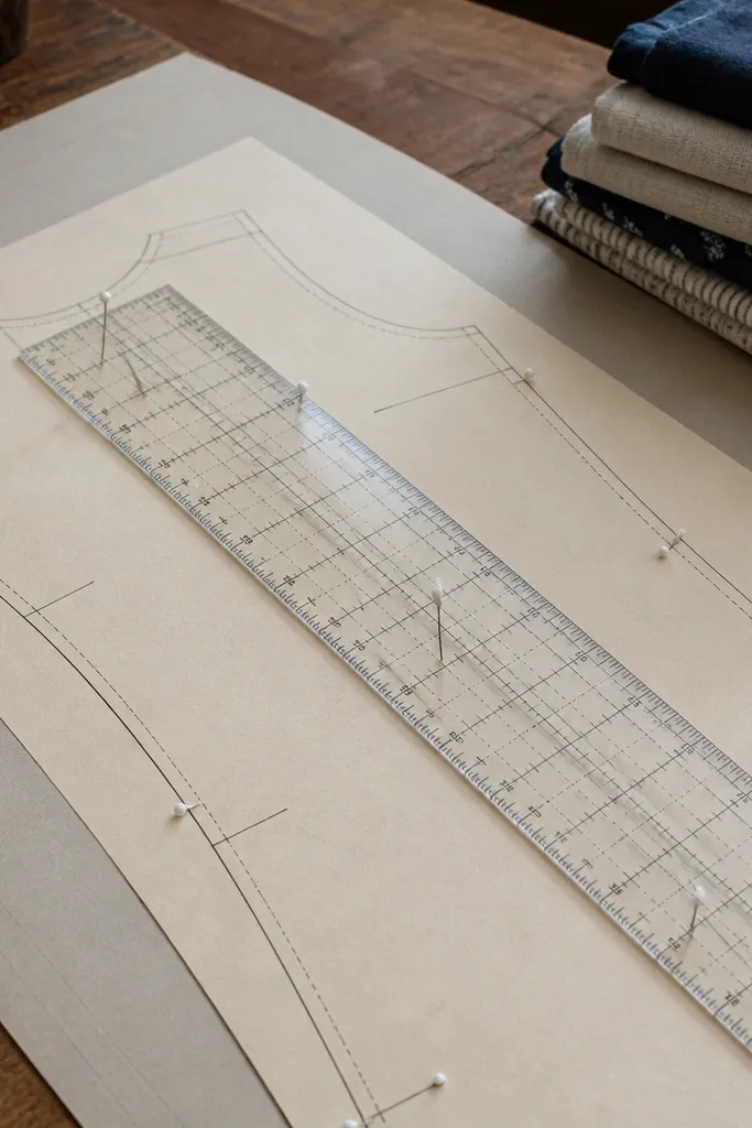 A vintage sewing pattern diagram with labeled pieces and notches
