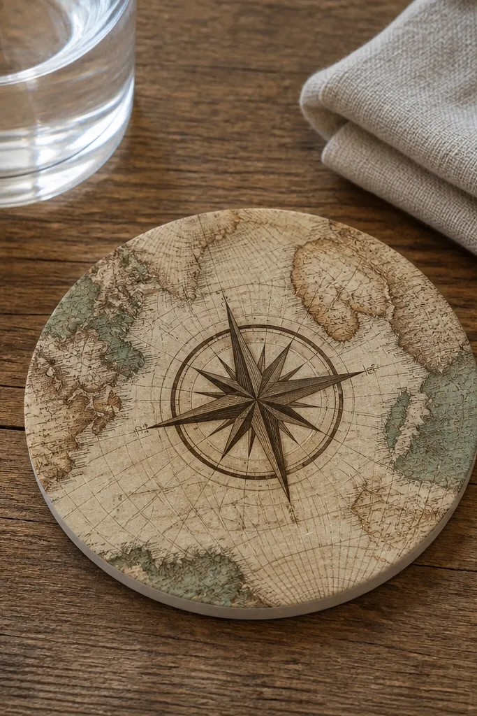 A compass rose map design formatted as a circular coaster