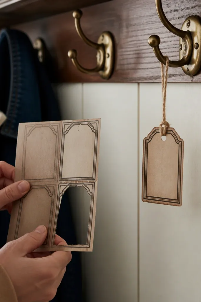 Vintage key tag labels with hotel-style typography and border