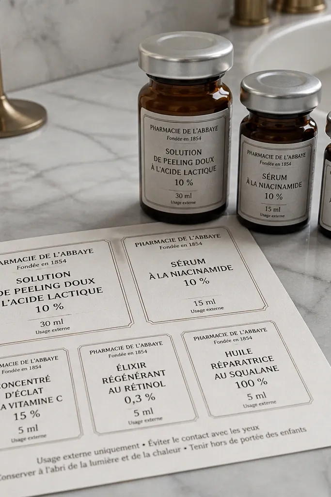 Printable French-style labels with vial caps and small warning lines