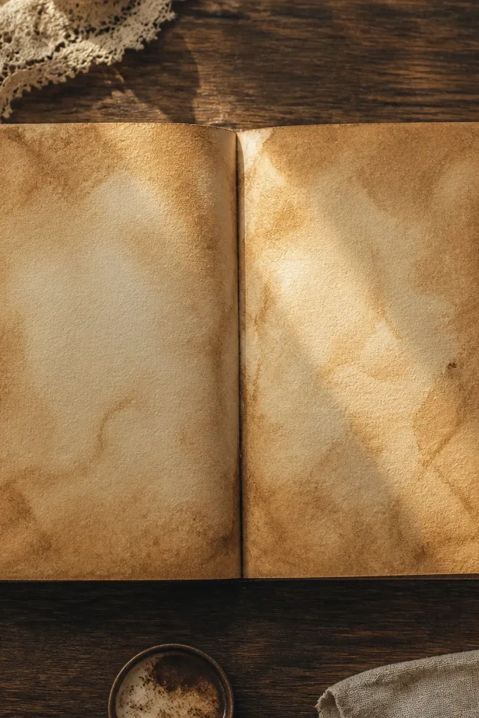 Sepia vintage paper with soft wash gradients and faint text-like texture