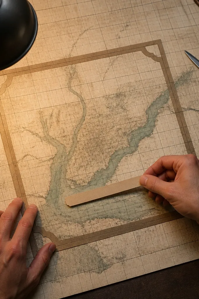 Vintage map-like paper with grid lines, coast outlines, and light compass markings