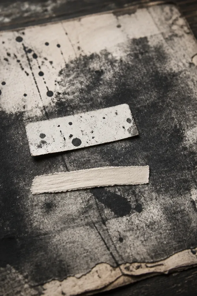 Vintage paper with dark ink splatters, strong smudges, and high-contrast distress