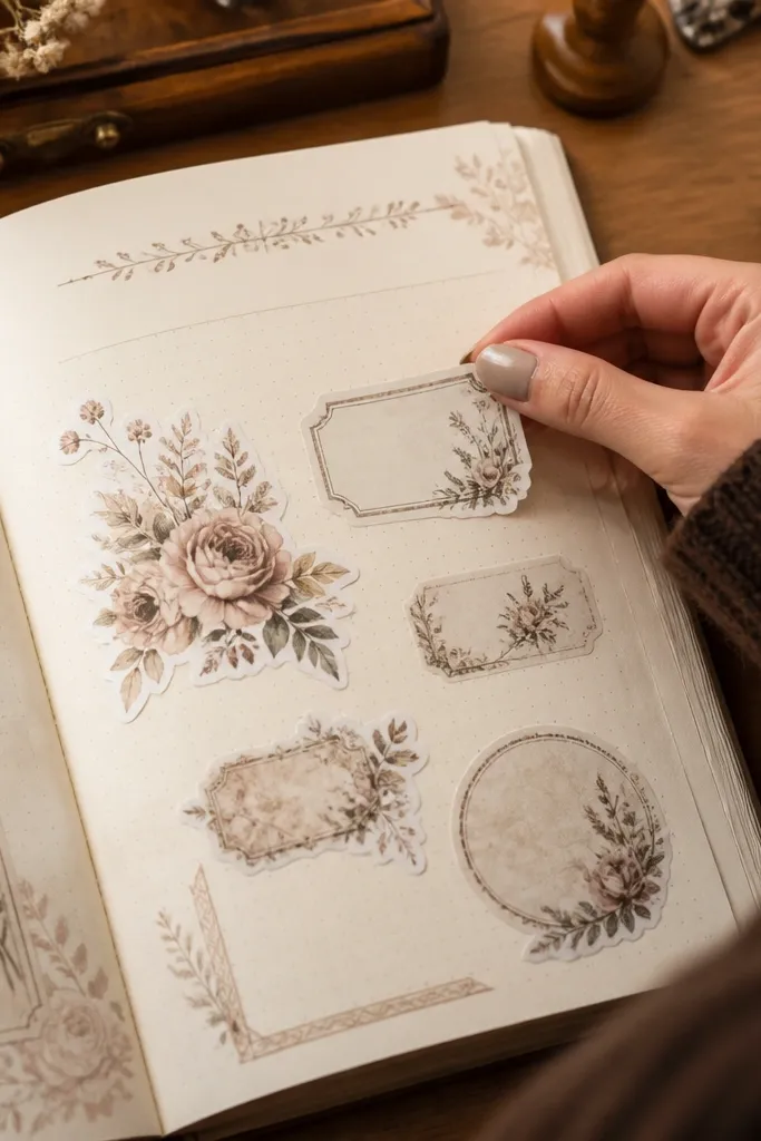 Matte white vintage sticker sheets printed with muted labels and florals
