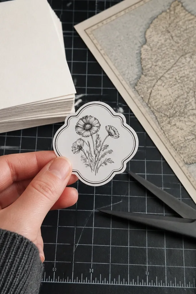 Thicker matte white sticker sheet with clean cut vintage script shapes