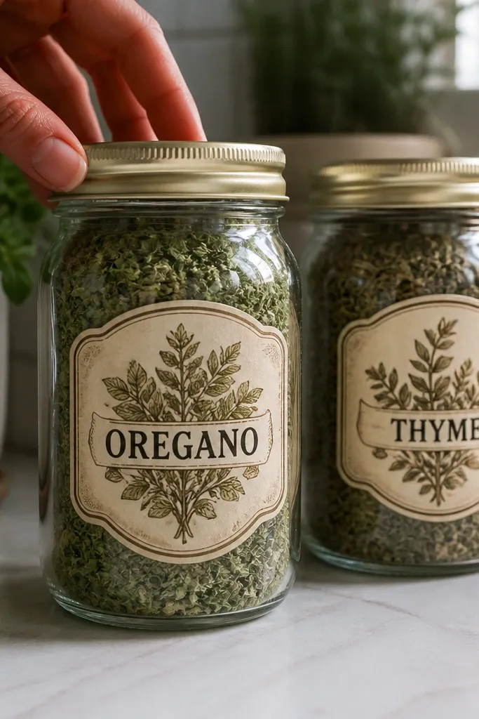 Clear sticker film with vintage label print applied to a glass jar