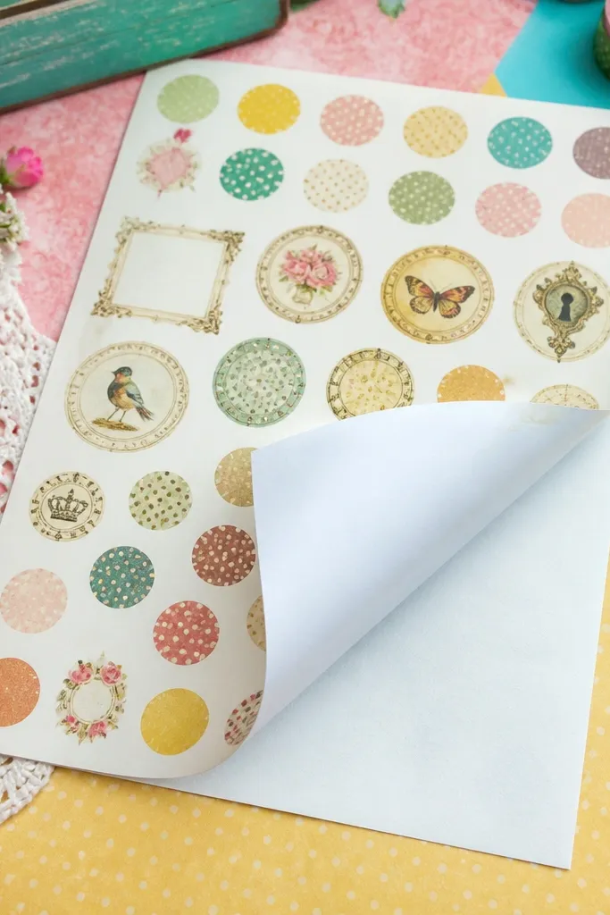 Repositionable matte sticker sheets with vintage scenes and shapes
