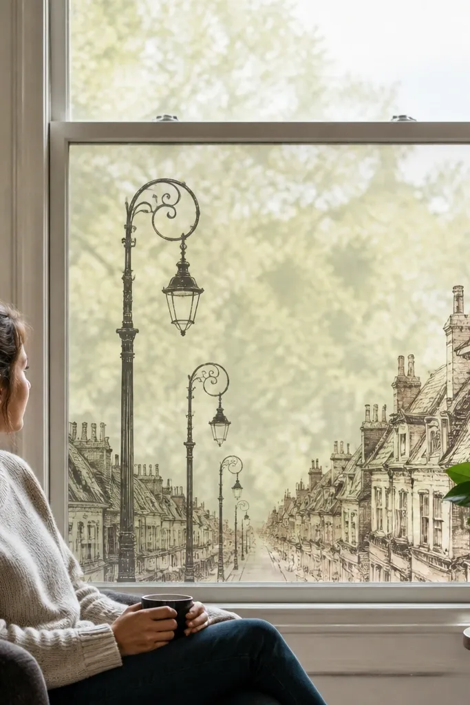Clear window sticker film with vintage illustration prints