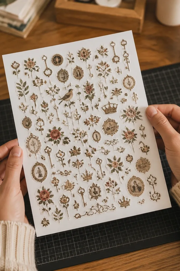 Matte sticker sheet with many small vintage icons ready to weed