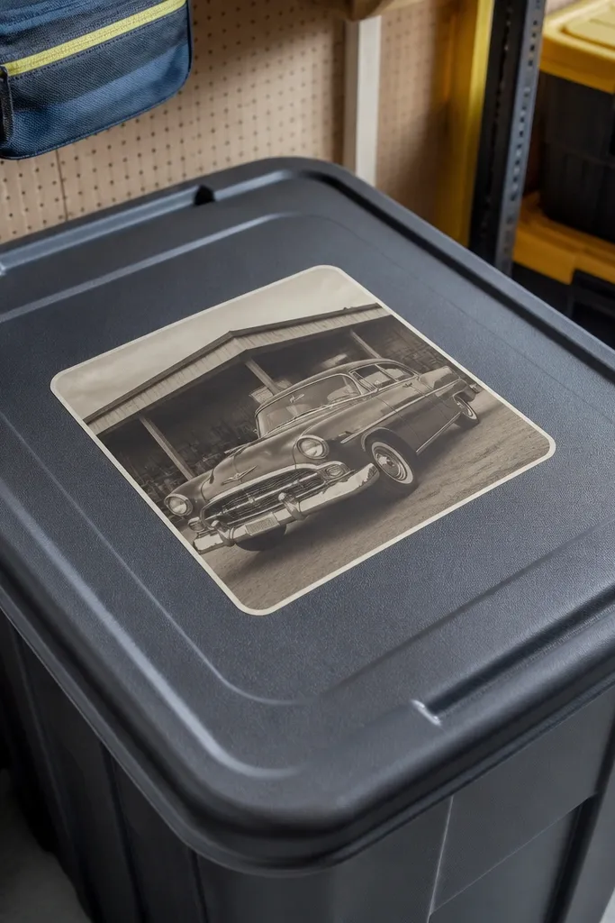 Matte laser-printed vintage bin labels on storage plastic