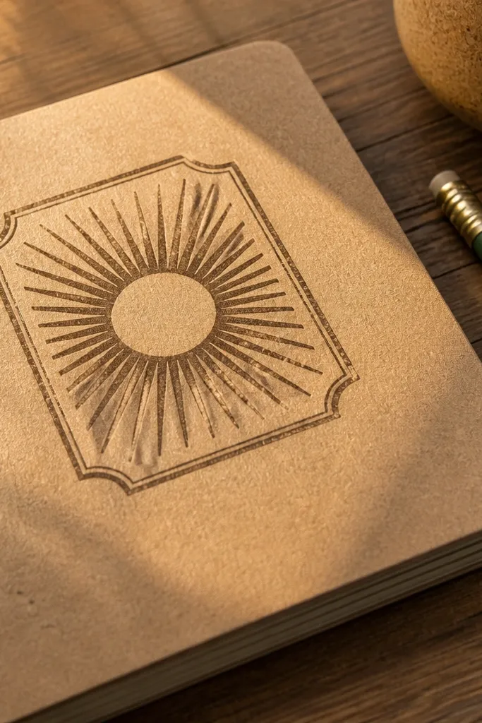 Brown sunburst label sticker with a small blank banner in the center