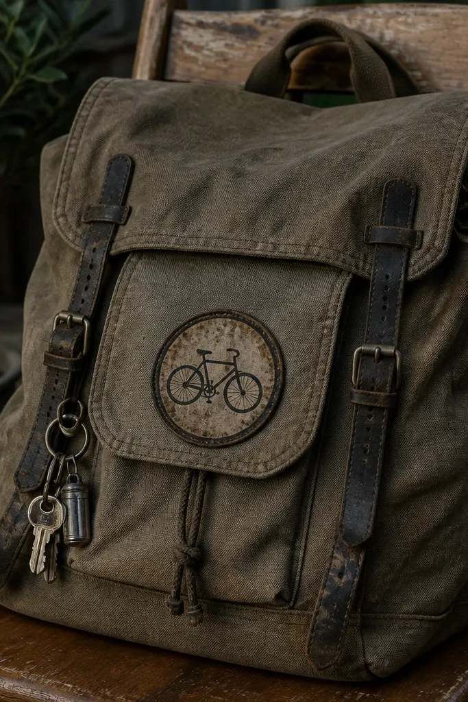 Round emblem sticker with a bicycle silhouette and aged brown border