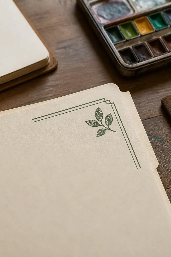 Green vintage botanical corner label with a small leaf illustration