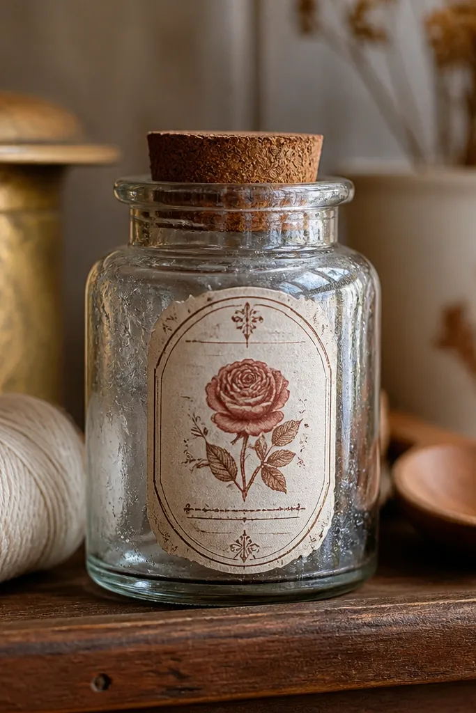 A small apothecary-style emblem with a rose icon and brown text lines