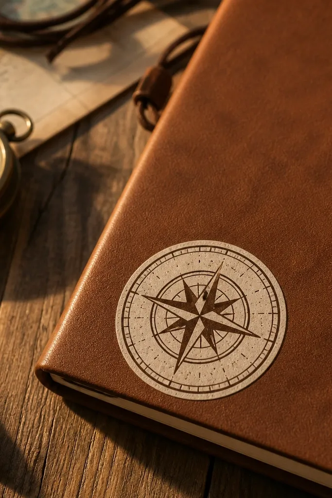 Compass rose sticker with aged ink and radial tick marks