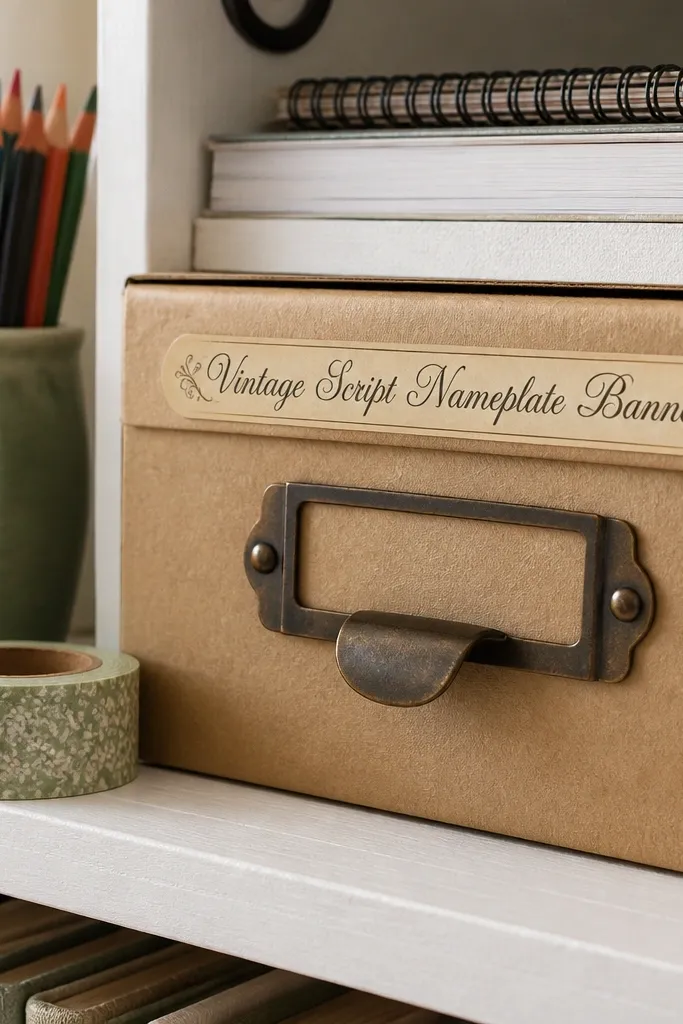 Brown vintage script banner sticker with decorative flourishes