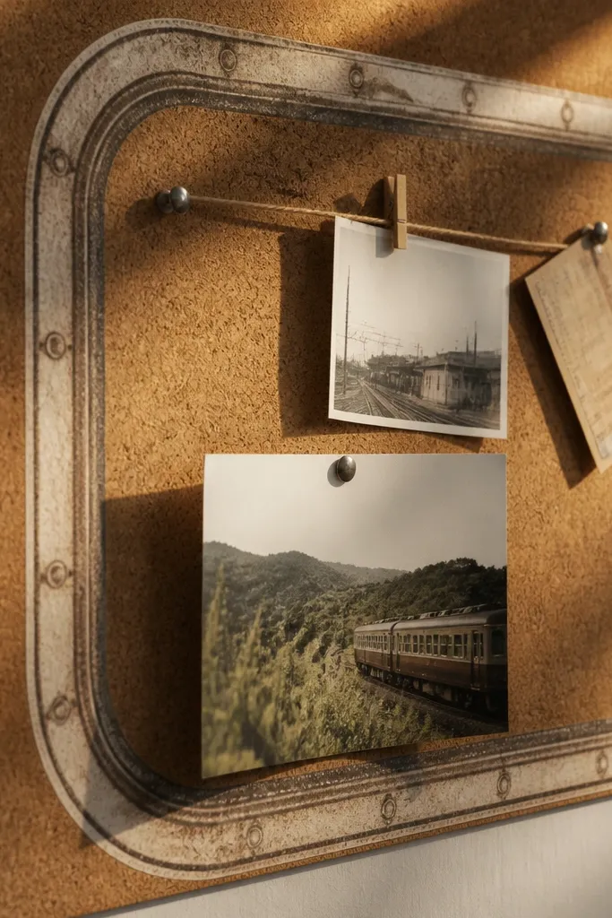 Vintage train window frame sticker with rivet-like dots and faded border
