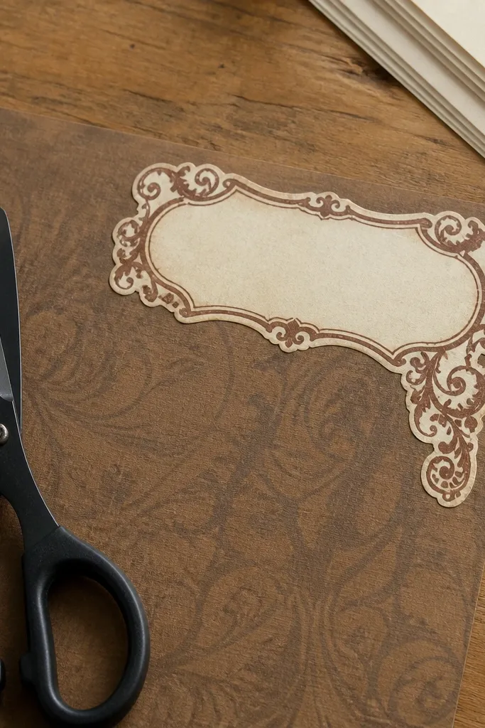 Cream and brown scroll corner label sticker with ornate curls