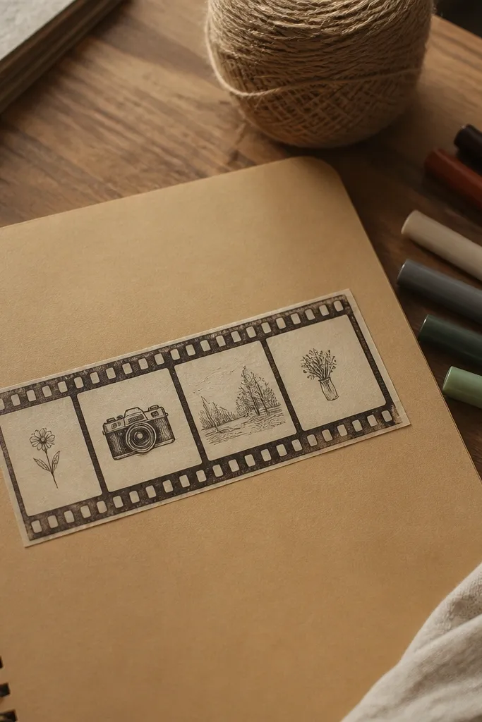 A film strip sticker frame with perforation holes and brown frames