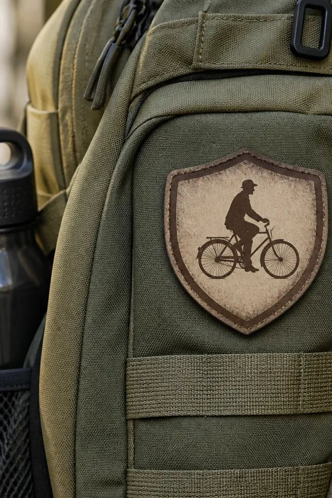 Badge sticker with a bicycle rider silhouette inside a rounded shield