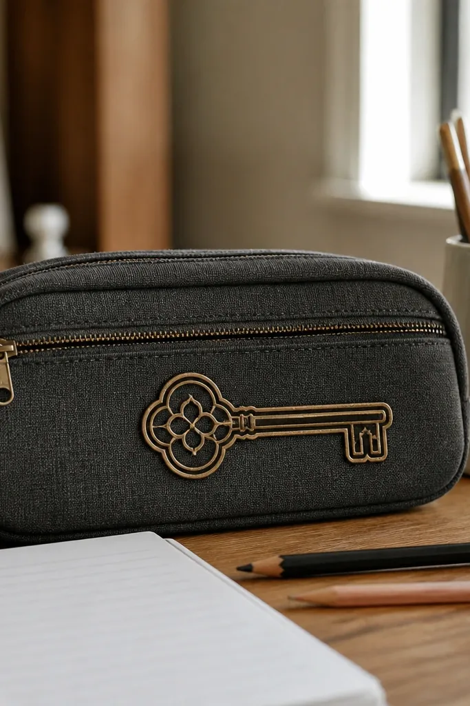 Key-shaped vintage tag sticker with a distressed bronze border
